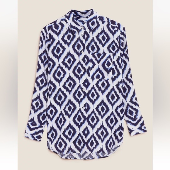 M & S PURE LINEN BLUE & WHITE ABSTRACT OVERSIZED COLLARED LONG SLEEVE BLOUSE - Picture 3 of 9